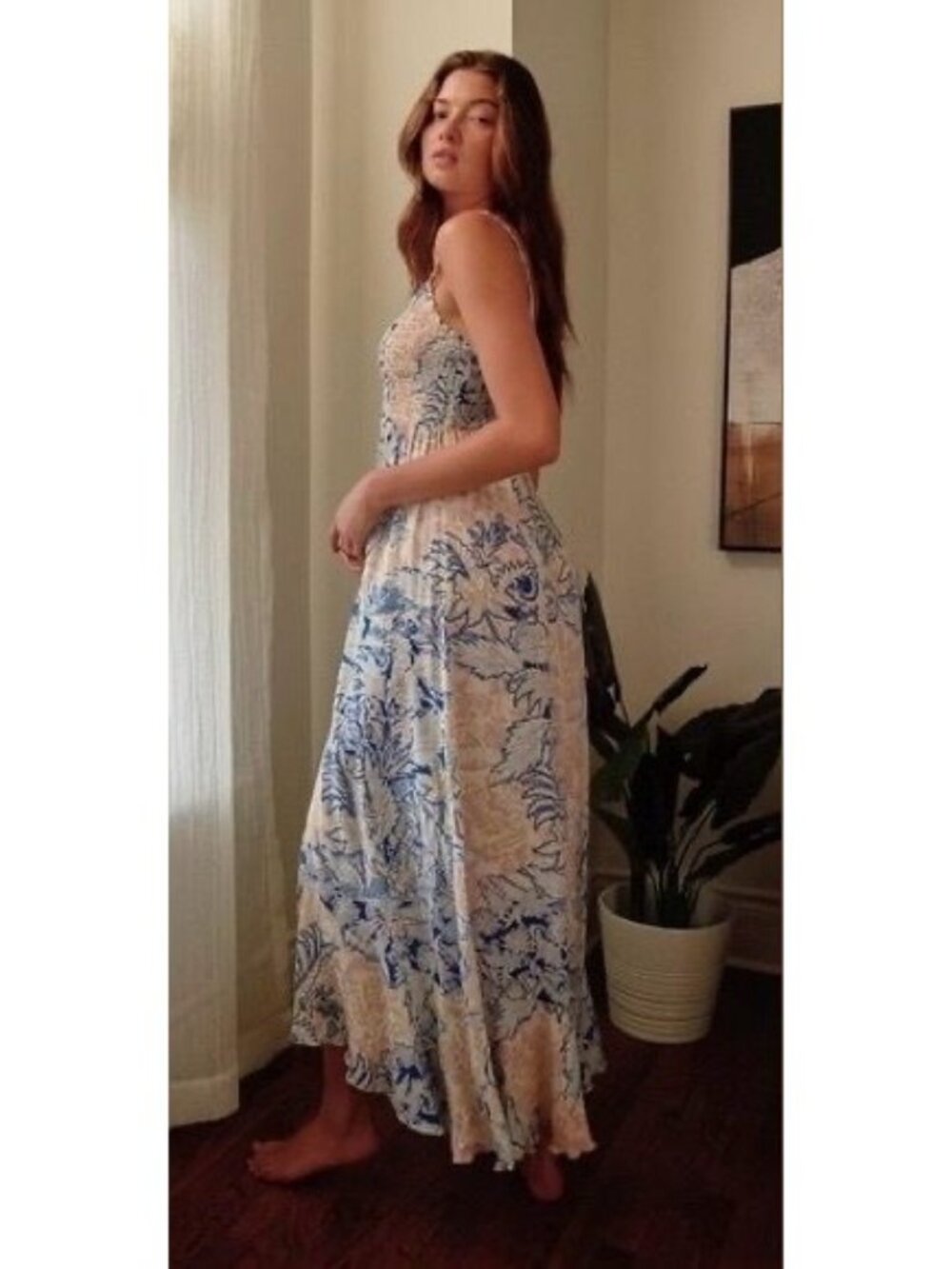 NWT Free People Blue Cream Floral Print Maxi Slip Dress L | Coastal Cowgirl Boho - Picture 6 of 16